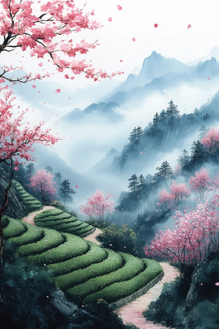 茶园梯田樱花