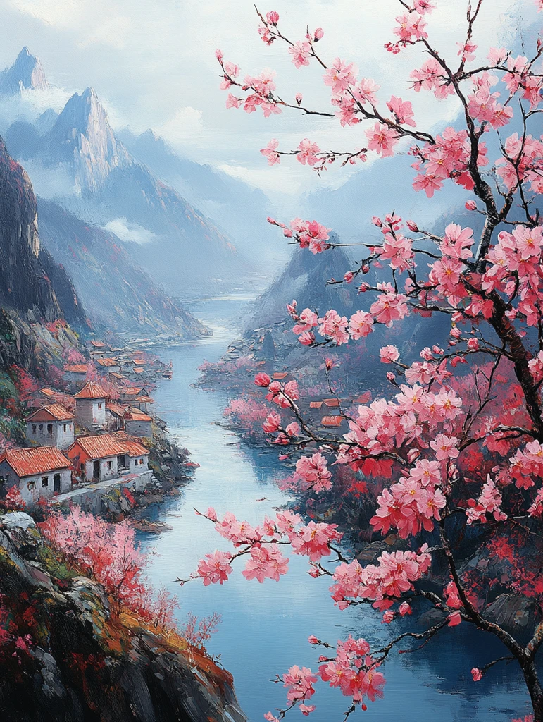 彩色针织远山村庄