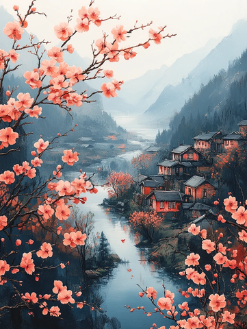 彩色针织远山村庄