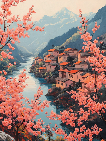 彩色针织远山村庄