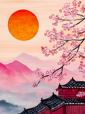 山村暮色木屋图