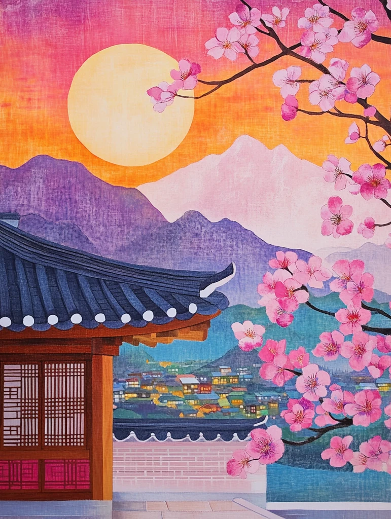 山村暮色木屋图