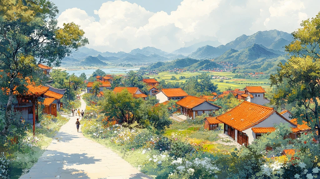 河畔小径与红瓦房