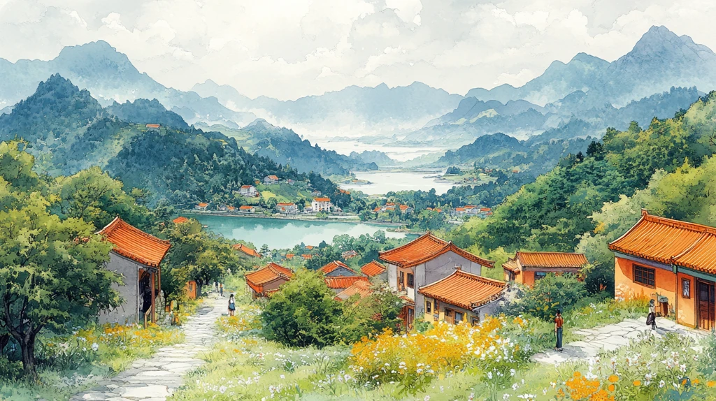 河畔小径与红瓦房