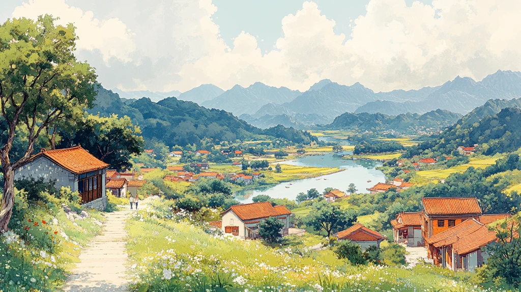 河畔小径与红瓦房