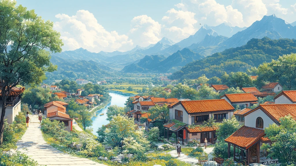 河畔小径与红瓦房