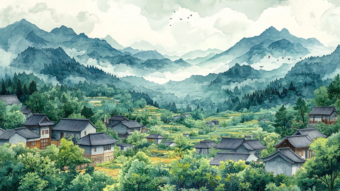 山村农田与云雾缭绕