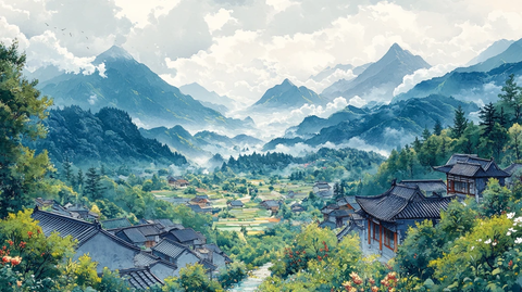 山村农田与云雾缭绕