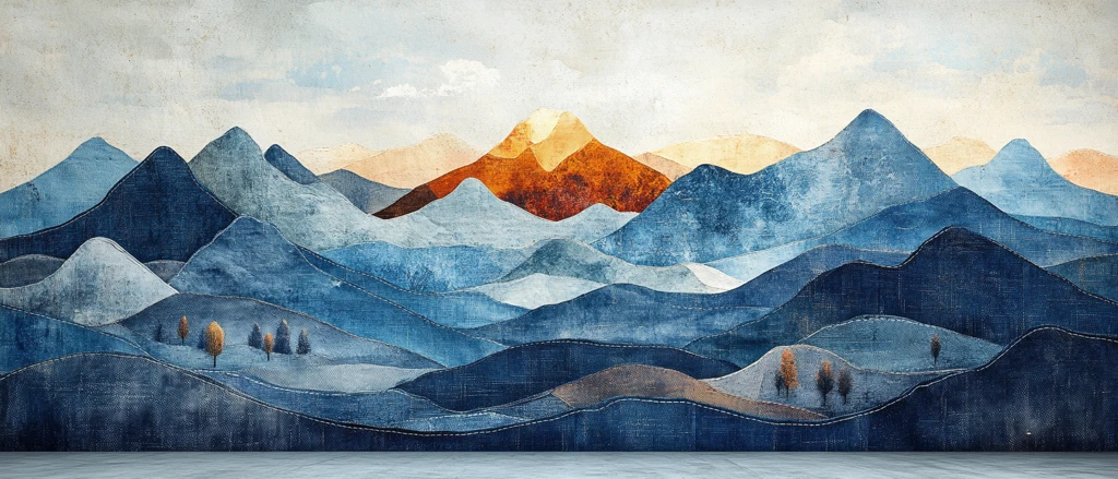 拼接牛仔布山水画