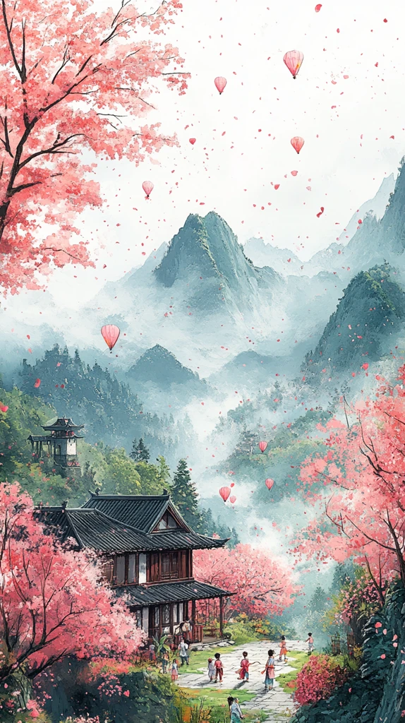 采茶山间孩童放风筝