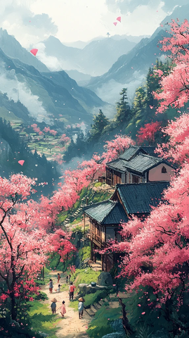 采茶山间孩童放风筝