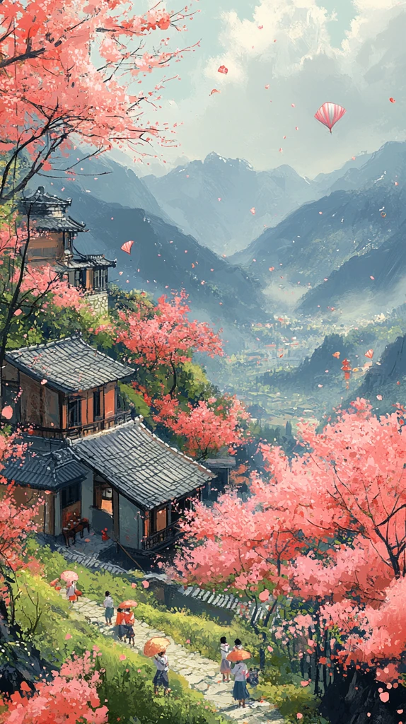 采茶山间孩童放风筝