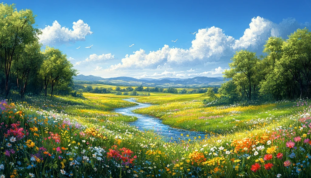 绿意花朵蜿蜒河