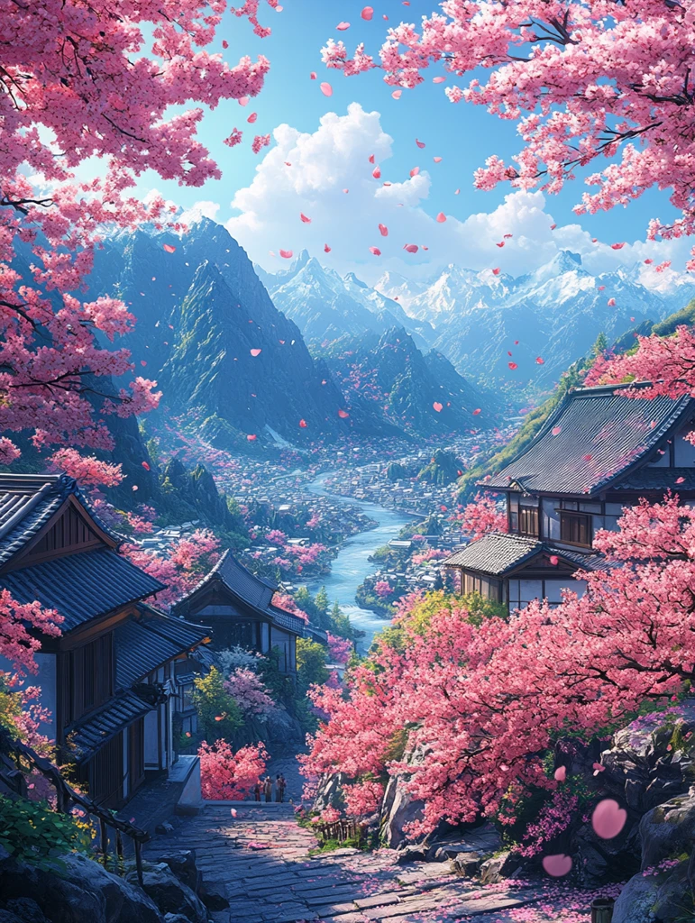 樱花飘落山水间