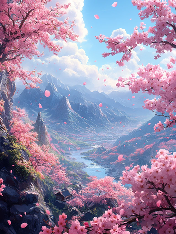 樱花飘落山水间