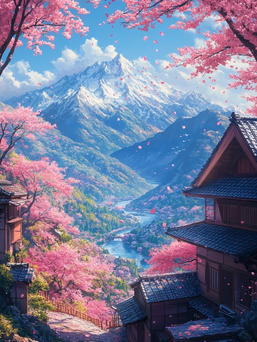 樱花飘落山水间