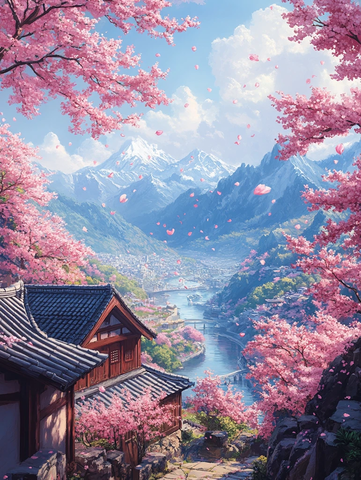 樱花飘落山水间