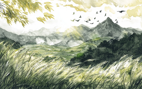 立夏阳光绿山麦田