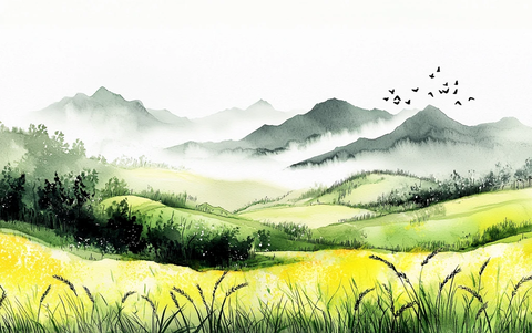 立夏阳光绿山麦田