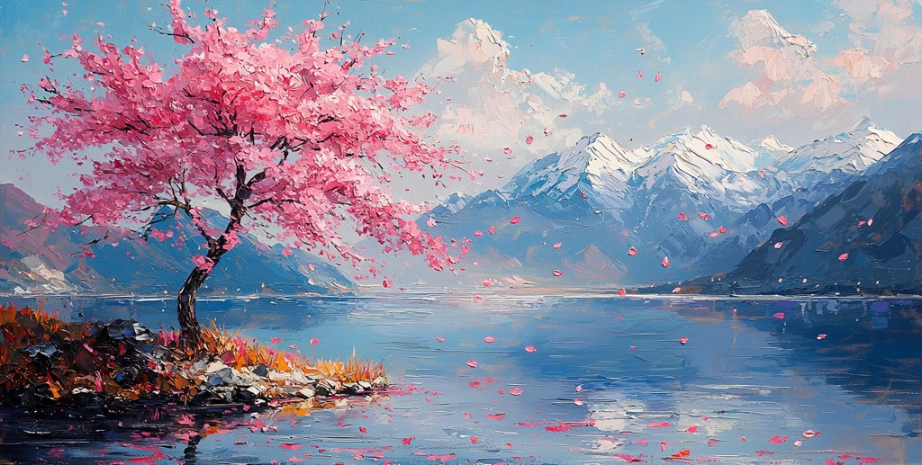 樱花树湖畔雪峰