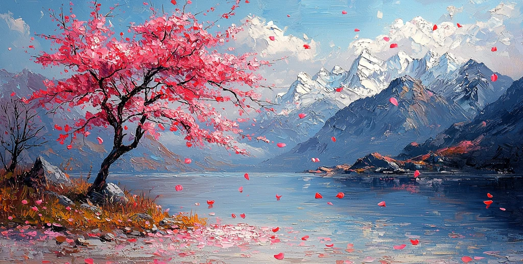 樱花树湖畔雪峰