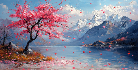 樱花树湖畔雪峰