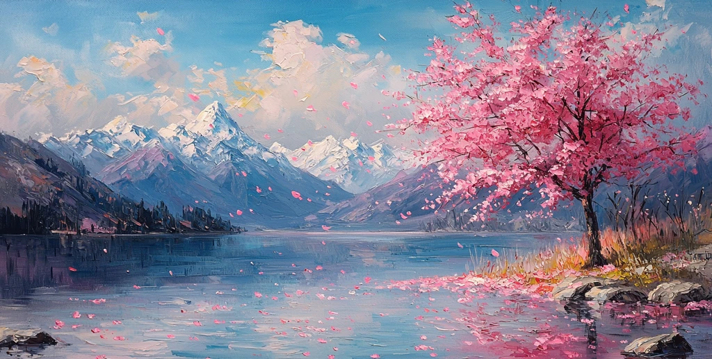 樱花树湖畔雪峰