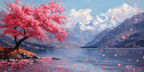 樱花树湖畔雪峰