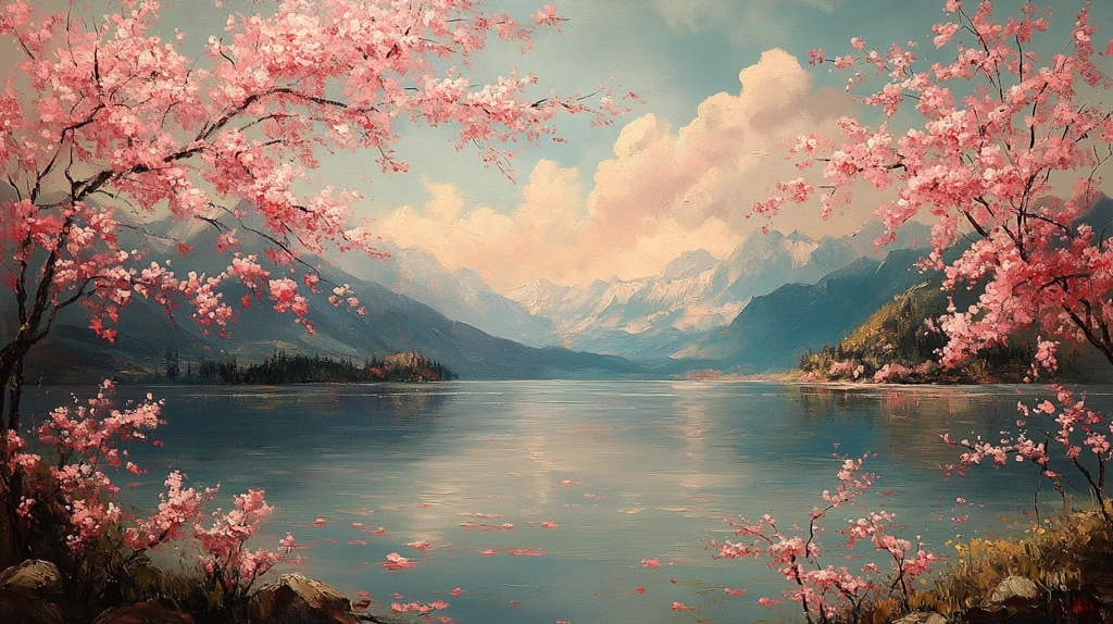 樱花湖景图