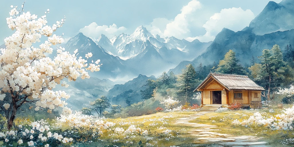 白杏花山间草屋