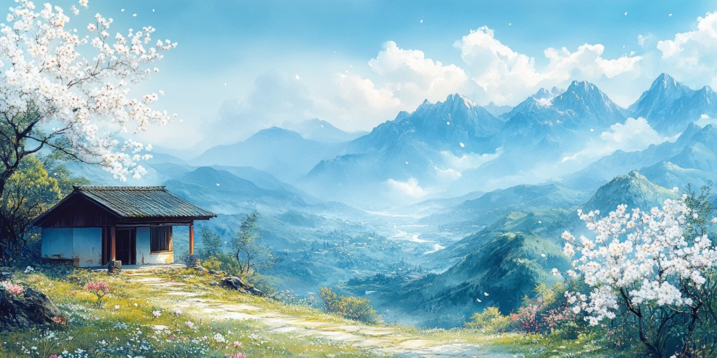 白杏花山间草屋