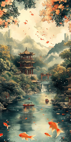 河中金鱼与古建筑