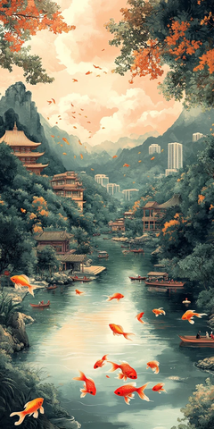 河中金鱼与古建筑