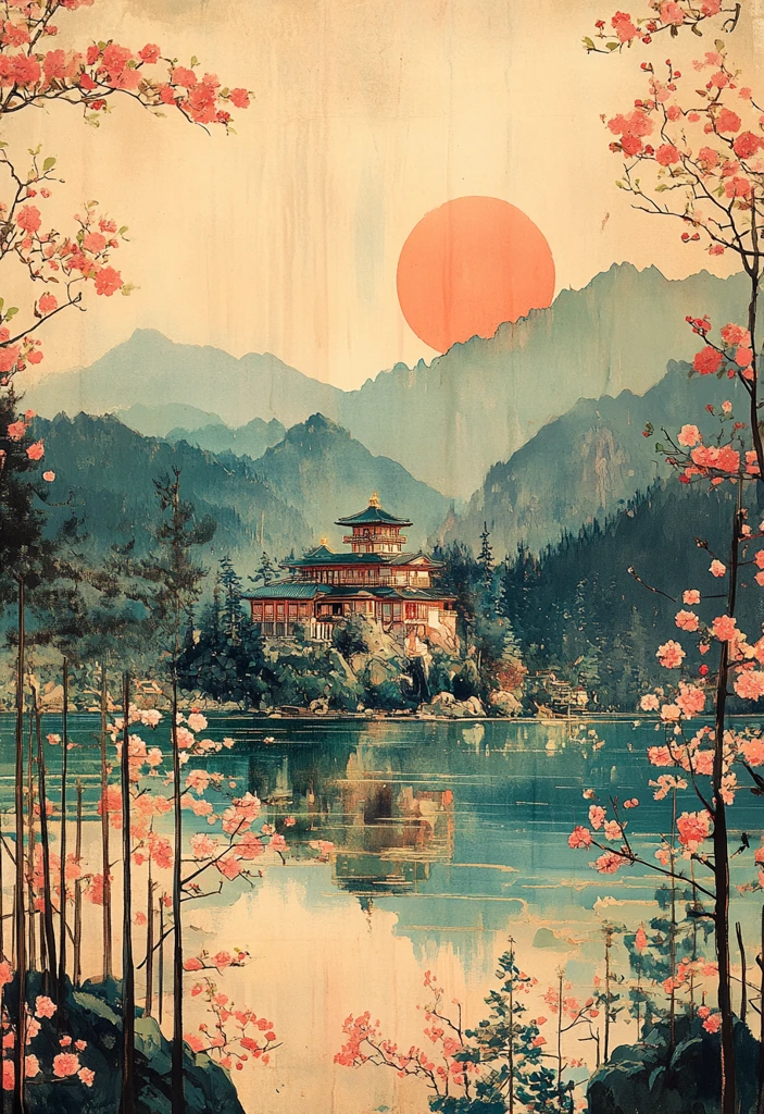 樱花山水木版画