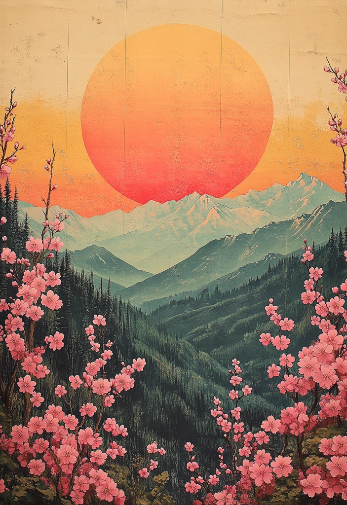 樱花山水木版画