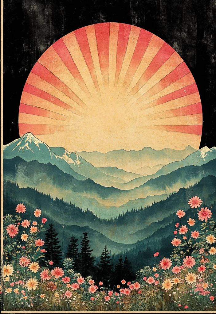 樱花山水木版画