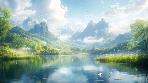 青山绿水春景图