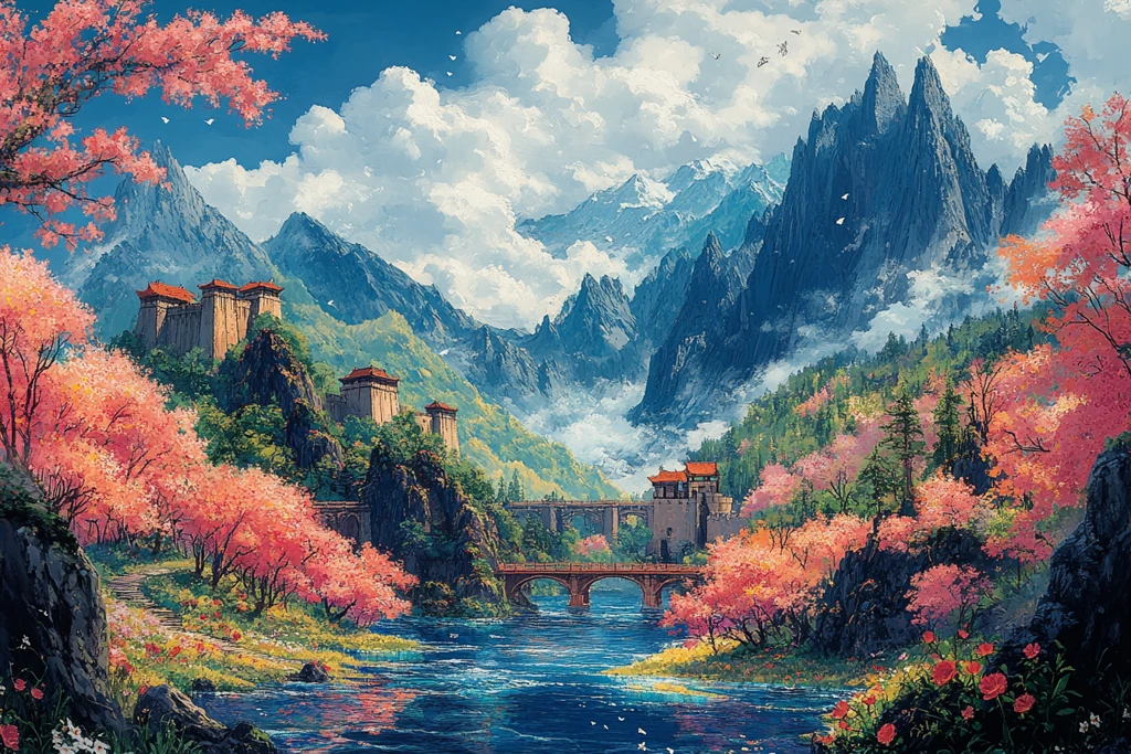 山坡花树桥河流