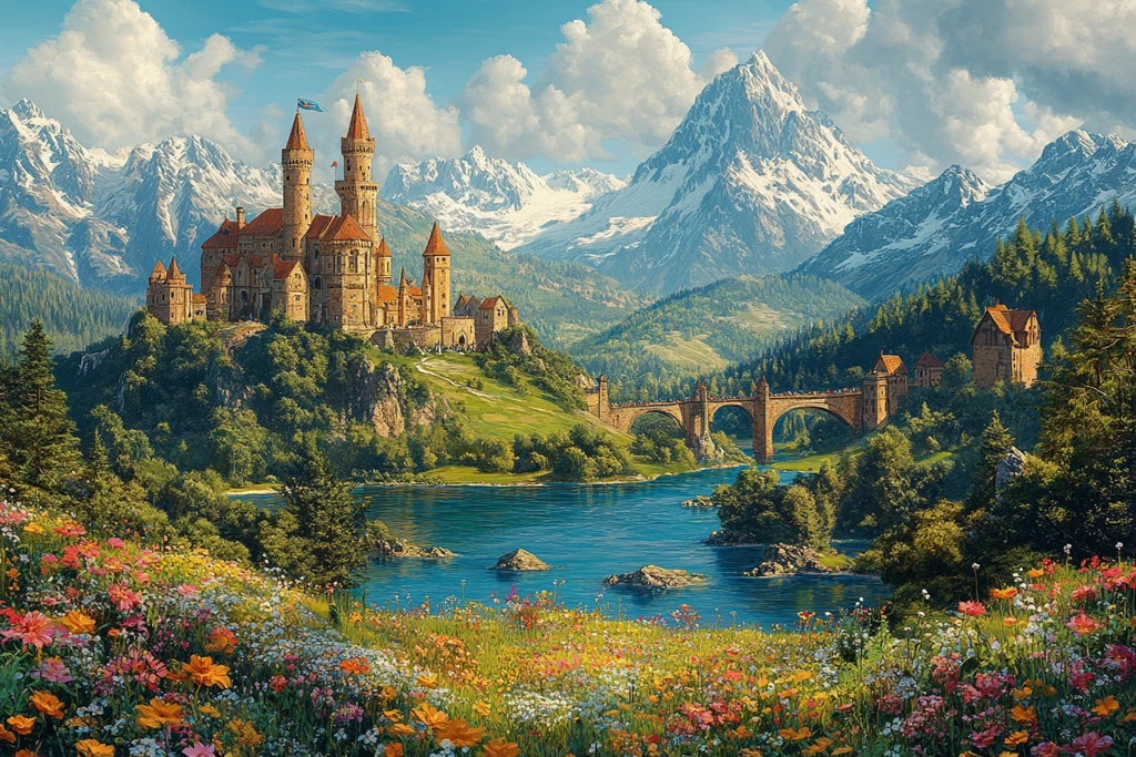 山坡花树桥河流