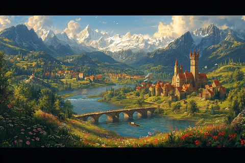 山坡花树桥河流