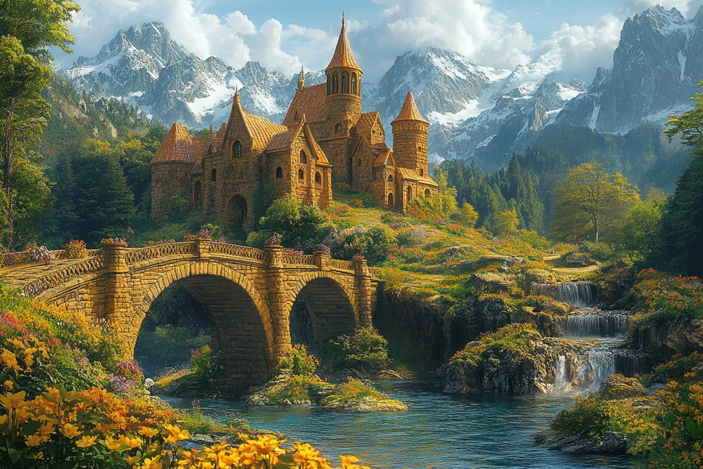 山坡花树桥河流