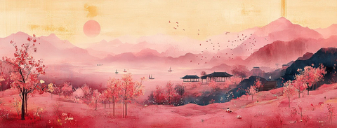 桃花盛开的乡村