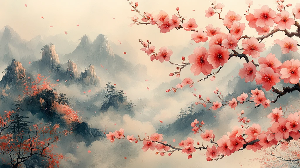 樱花飘落山水间