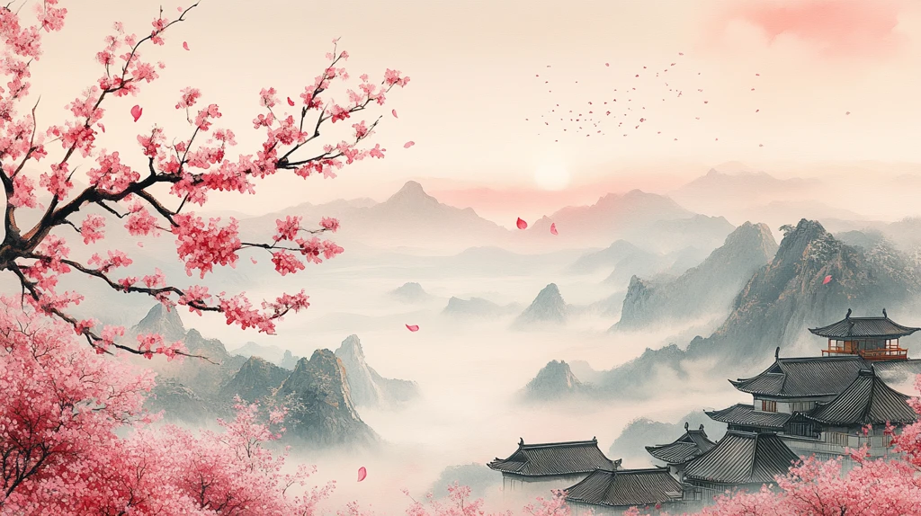 樱花飘落山水间