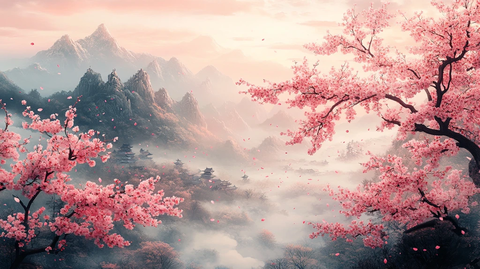 樱花飘落山水间