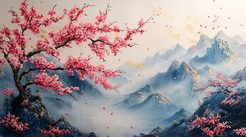 樱花飘落山水间