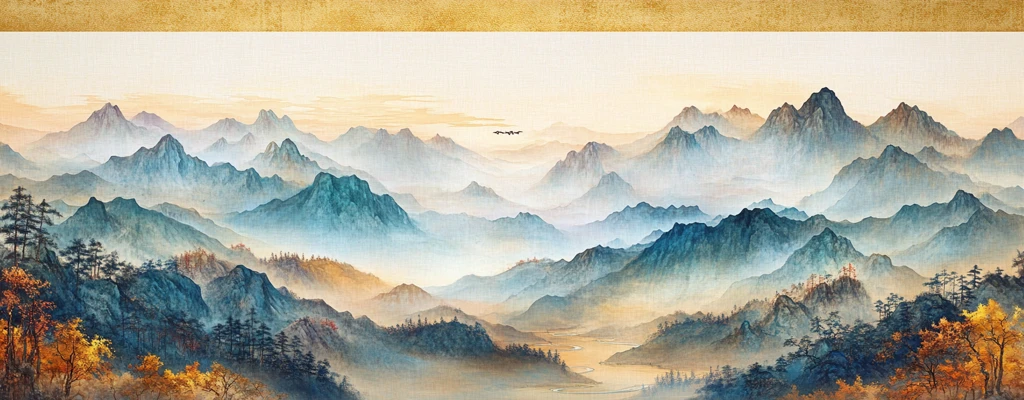 山水画卷金色边框