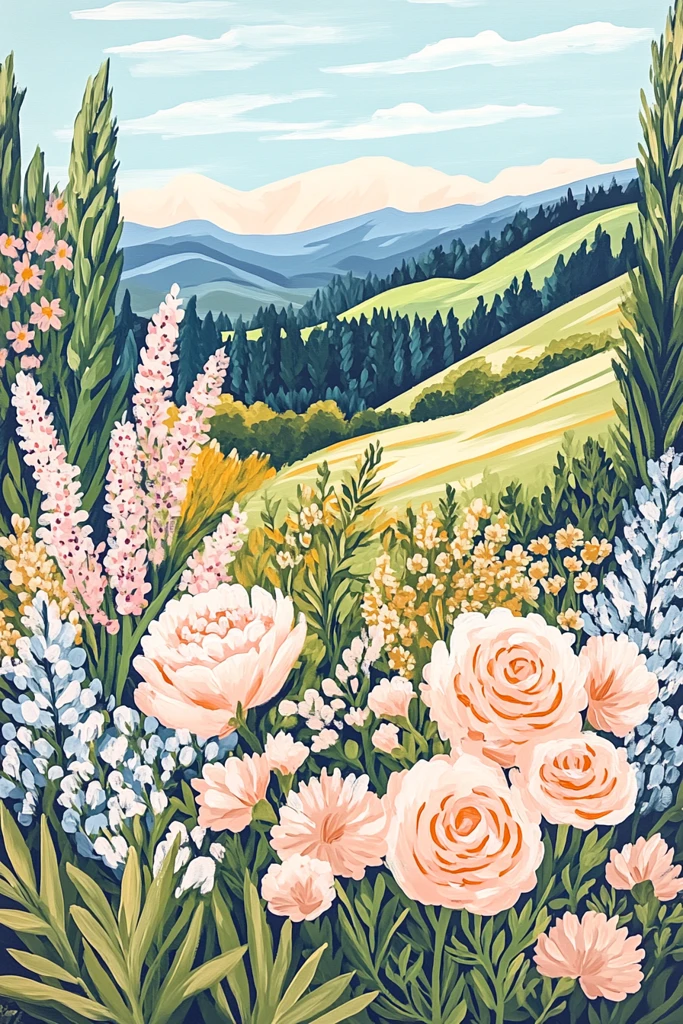 滚动山丘盛开花朵