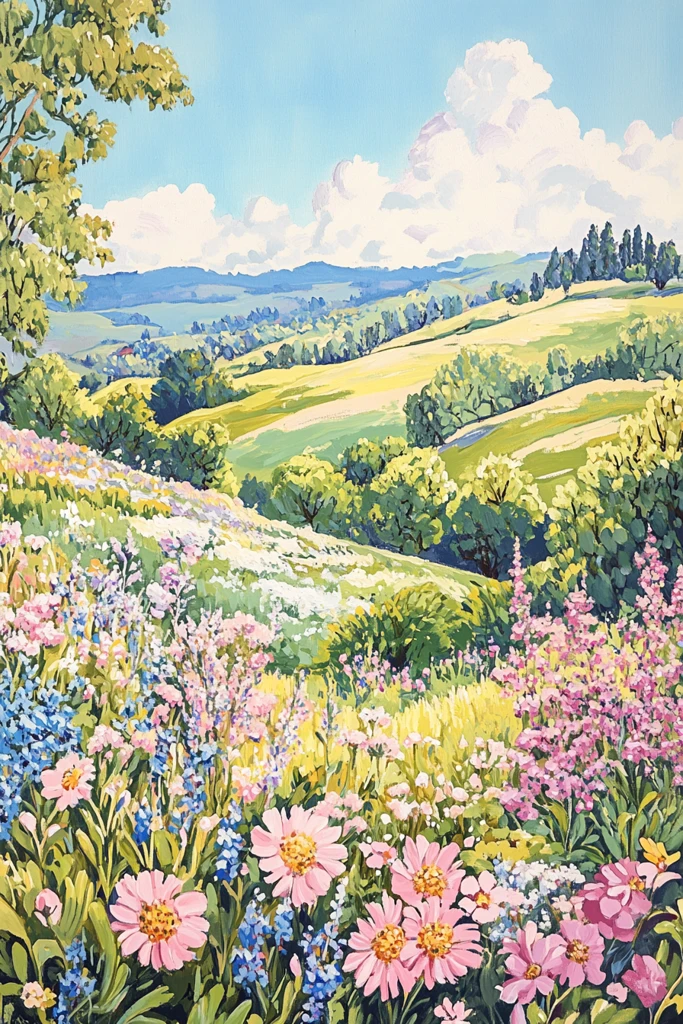 滚动山丘盛开花朵