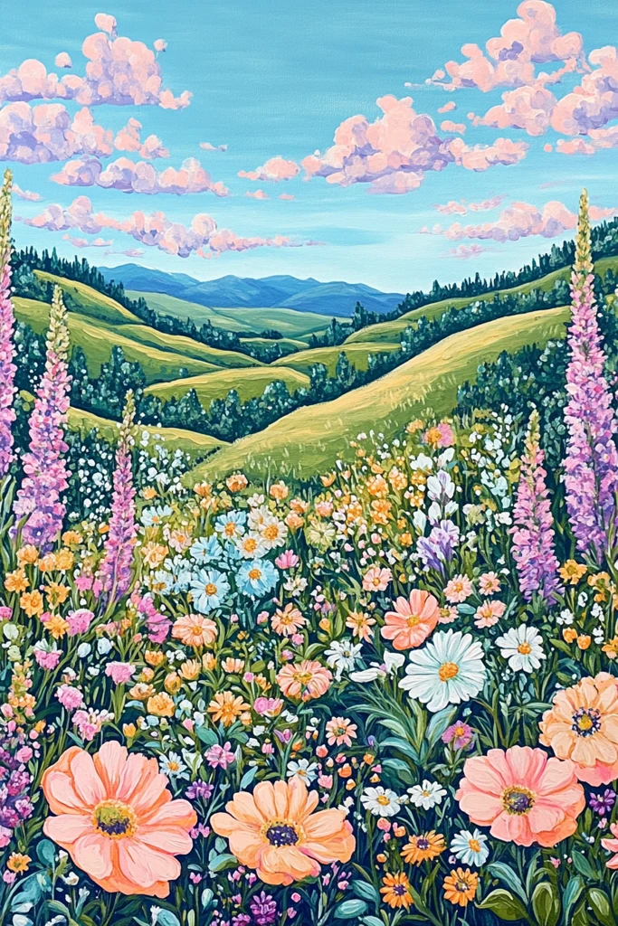 滚动山丘盛开花朵